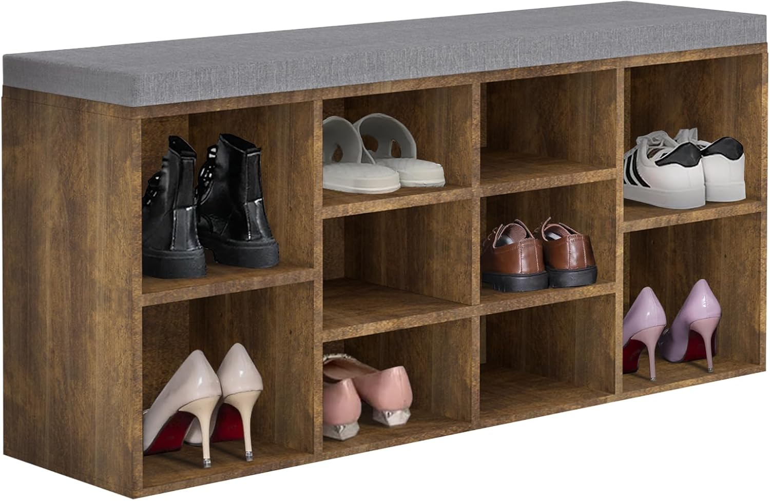 YRLLENSDAN Banco de almacenamiento de 10 compartimientos, zapatero de 3 niveles, estante ajustable, cojín extraíble, negro, madera de ingeniería