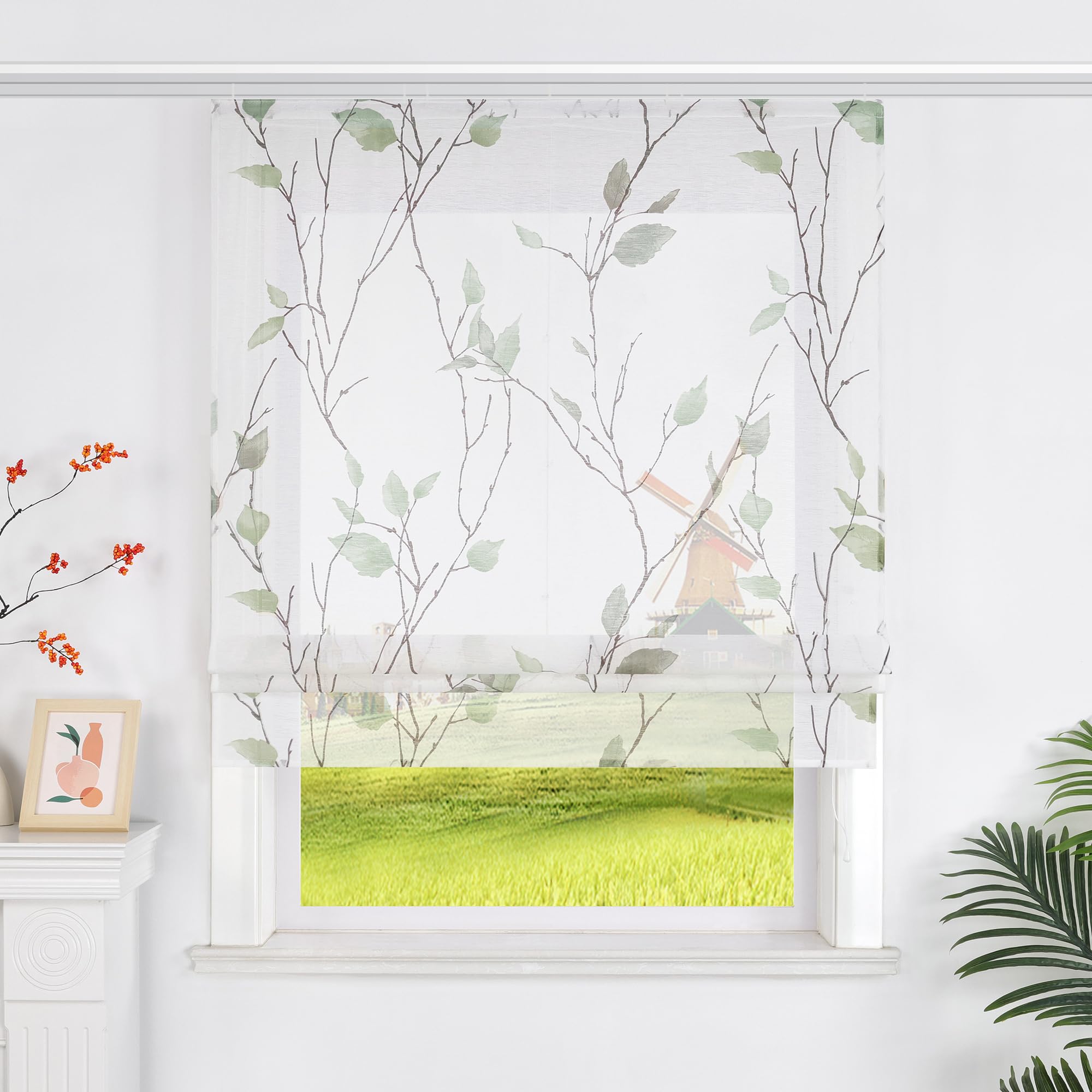 Raffrollo mit Blattmuster Raffgardine mit Klettband Transparentes Pflanzen Rollo Küche Landhaus Fensterdekoration Wohnzimmer Grün,BxH 140x140cm