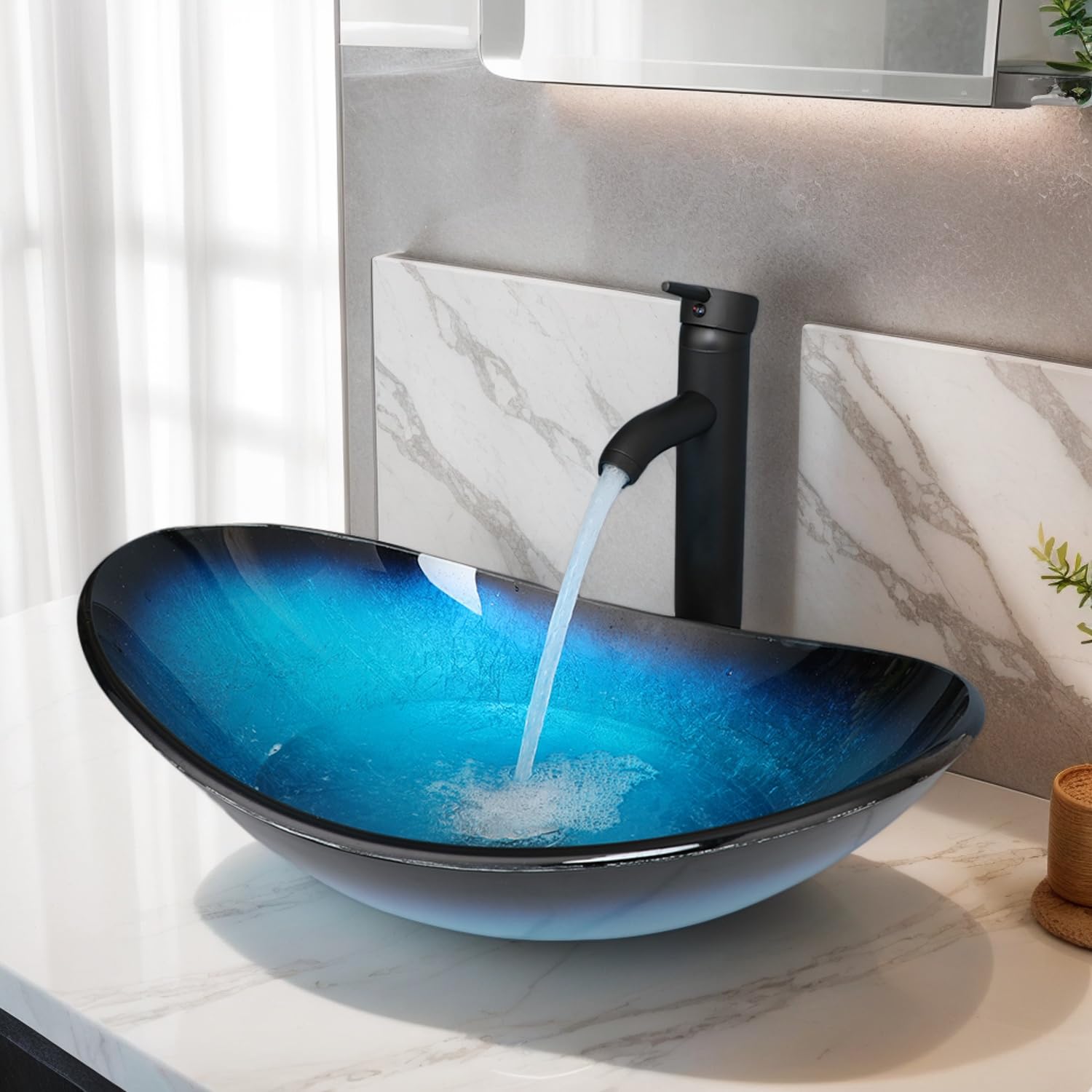 MIAN HM SS-β 1000ml HM HomeMieco Blue Tempered Glass Vessel Sink with Faucet and Drain
