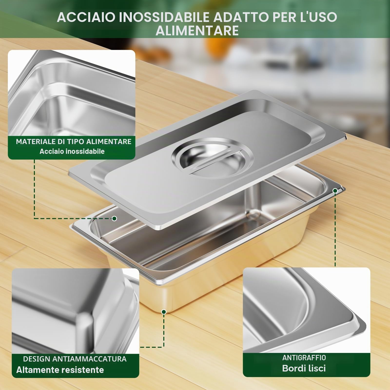 TAIMIKO GN Gastronorm, contenitore in acciaio inox, 100 mm, in acciaio inox, contenitore per alimenti, Bain Marie, Catering, padelle per alimenti, spessore 1 mm (1/3, 6 pezzi, con coperchio), 6 pezzi
