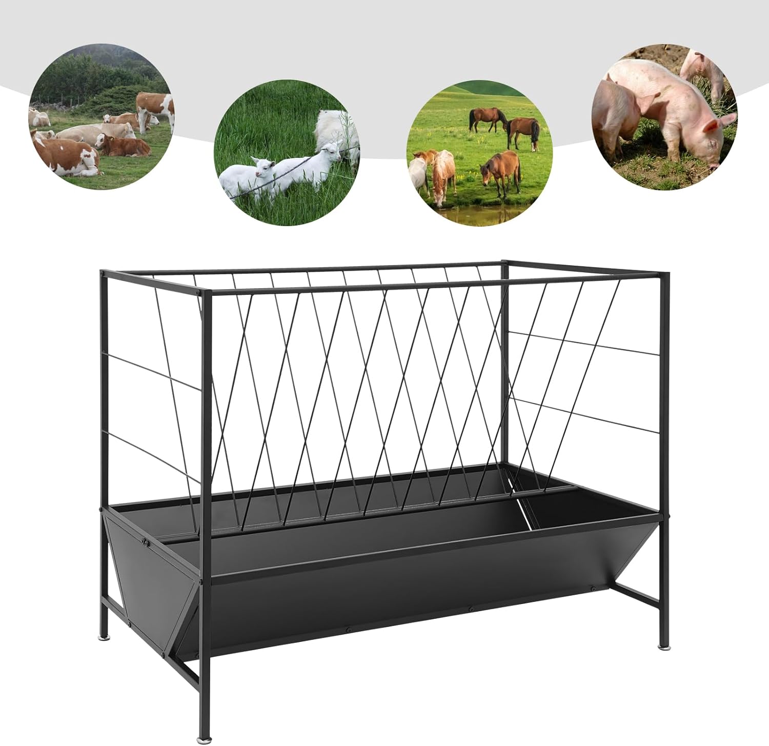 50 Gal Pasture Hay Feeder, 2-in-1 Heavy-Duty Hay Grain Livestock Feeder, Livestock Feeding Trough with 30 Gallon Feed Pan, Easy to Assemble and Carry for Feeding Goats, Calves, Cow, Horse