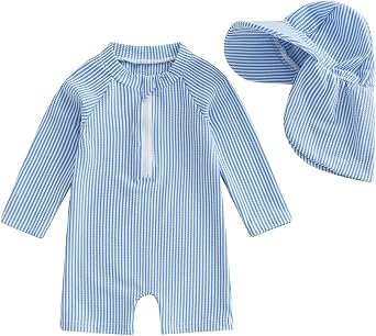 Baby Boys Girls Swimsuit One Piece Striped Zipper Bathing Suit Rash Guard Long Sleeve Seersucker Swimwear Sunsuit
