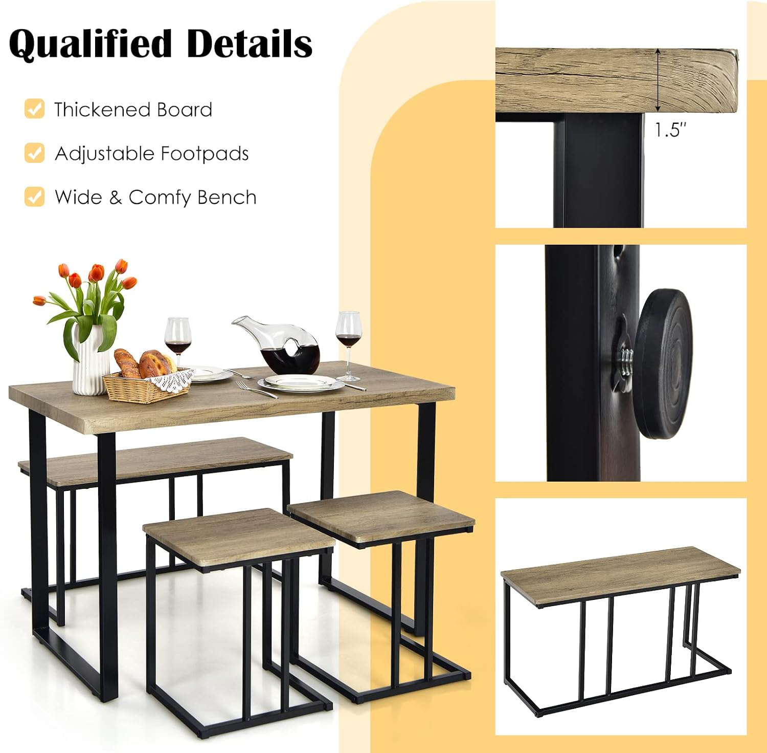 Giantex 4 Piece Dining Table Set, 47.5” Kitchen Table and Chairs for 4, Nesting Furniture Set w/Bench & 2 Stools, Space-Saving Table Set, Modern Functional Desk Set for Dining Room Restaurant, Oak