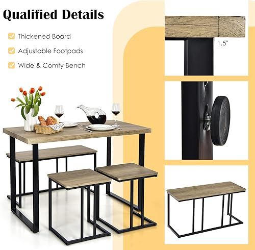 Miniatura 7 de Giantex Juego de mesa de comedor de 4 piezas, mesa de cocina de 47.5 pulgadas y sillas para 4, juego de muebles anidables con banco y 2 taburetes,