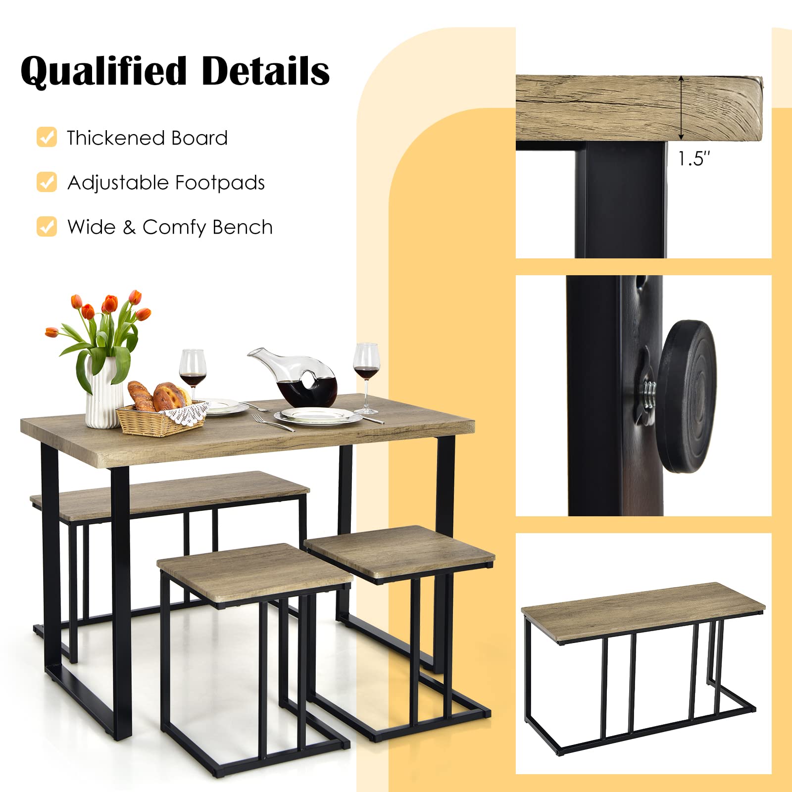 RELAX4LIFE Tavolo da Pranzo 4 Pezzi, Set Tavolo Cucina con Panca 2 Sgabelli, Tavolo da Bar con Struttura in Metallo, Gruppo Sedute per 4 Persone, Design Industriale, Rovere Grigio