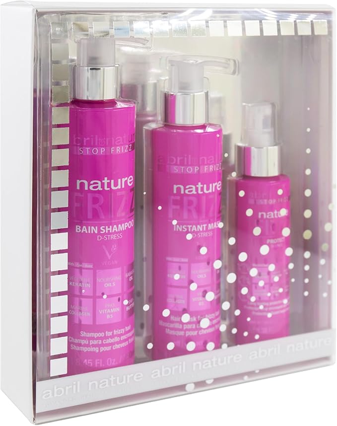 abril et nature - Set de Cuidado Capilar Profesional Anti-Frizz - Hidrata y Mantiene el Pelo Liso - Pack Champú, Mascarilla y Sérum para Cabellos Encrespados - Pelo más Suave y Brillante - 550 ml