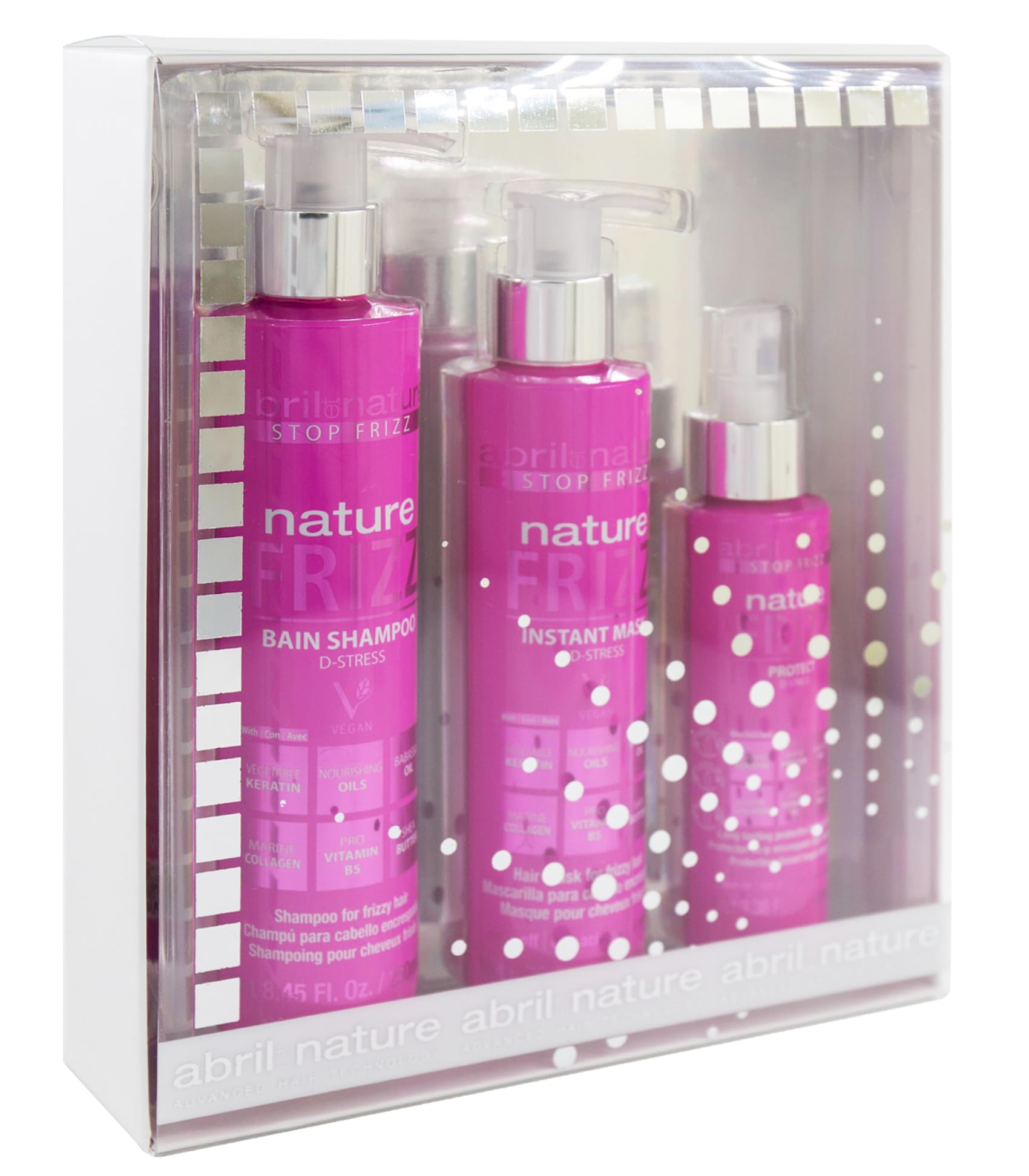 abril et nature - Set di Cura Capillare Professionale Anti-Frizz - Idrata e Mantiene i Capelli Lisci - Pack Shampoo, Maschera e Siero per Capelli Crespi - Capelli Più Morbidi e Brillanti - 550 ml