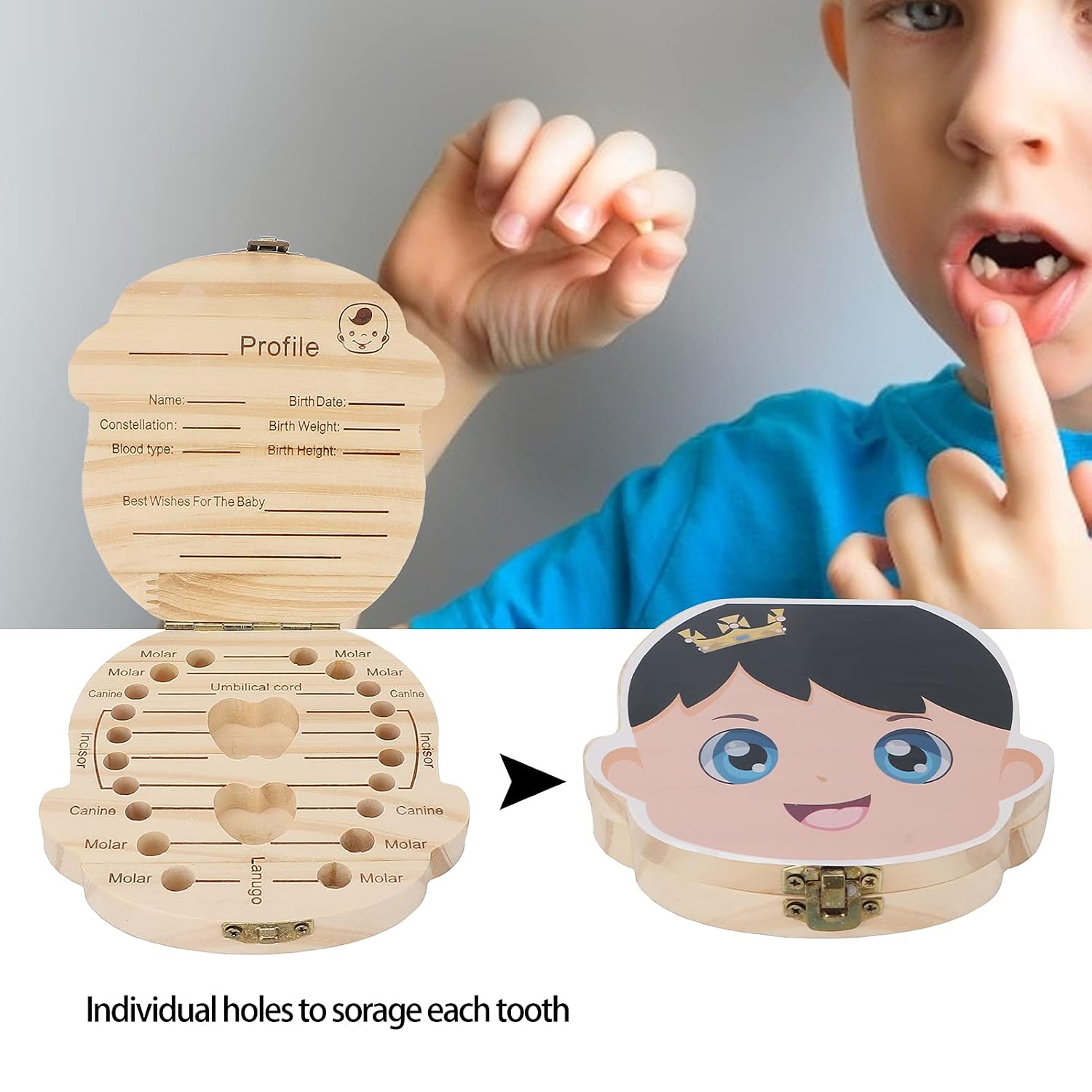 Baby Tooth Keepsake Box, Baby Wooden Tooth Box Individual Holes Primary Teeth English Kids Keepsake Box (Boys Type)