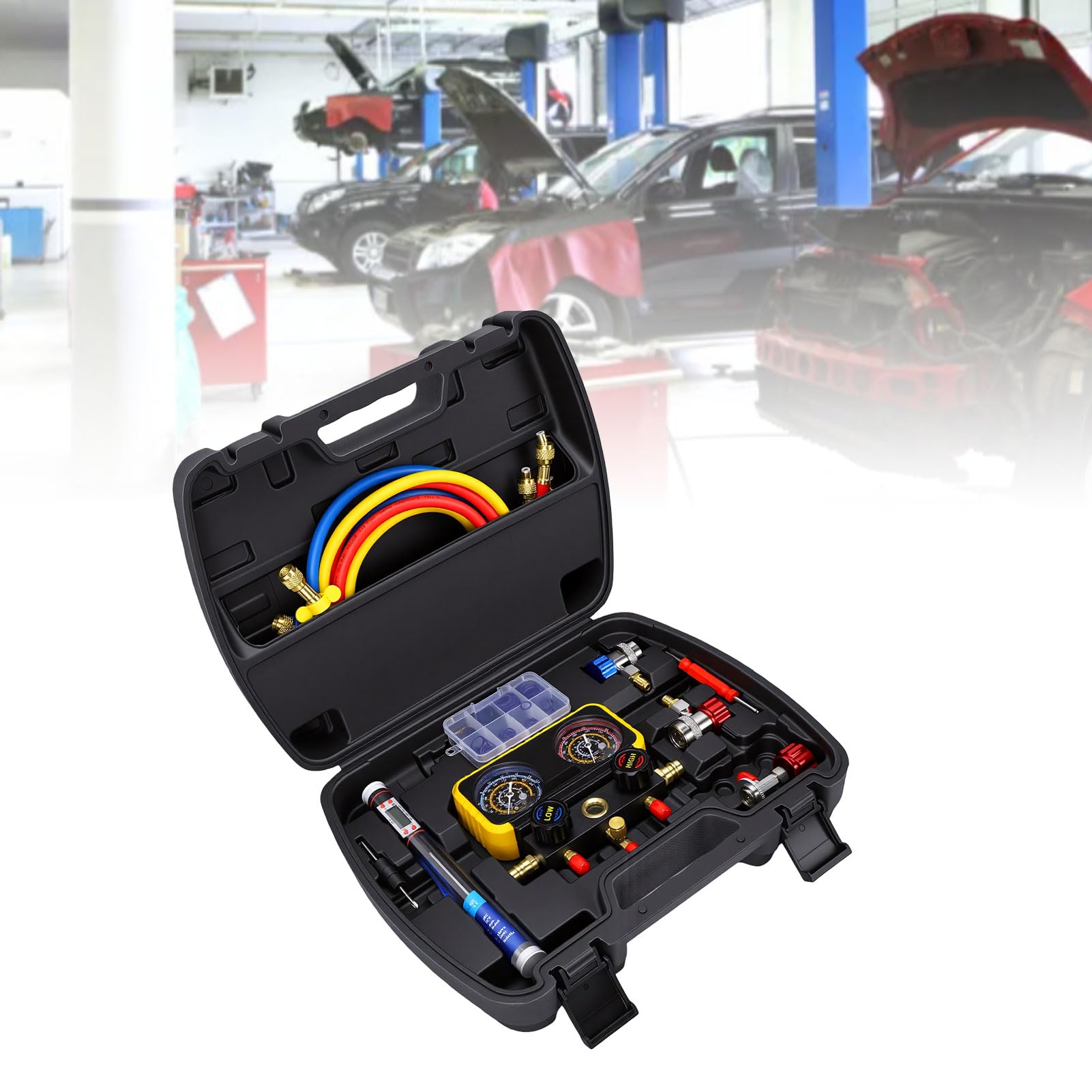AMONIDA Juego de Manómetros de Colector HVAC, Herramienta de Diagnóstico Duradera y Confiable para Aire Acondicionado Automotriz y Sistemas HVAC, Kit de Manguera de Alta Presión