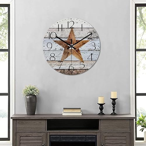 Miniatura 6 de Reloj de pared redondo de 12 pulgadas con estrella del oeste de Texas reloj de pared decorativo reloj de madera rústica sin tictac funciona con