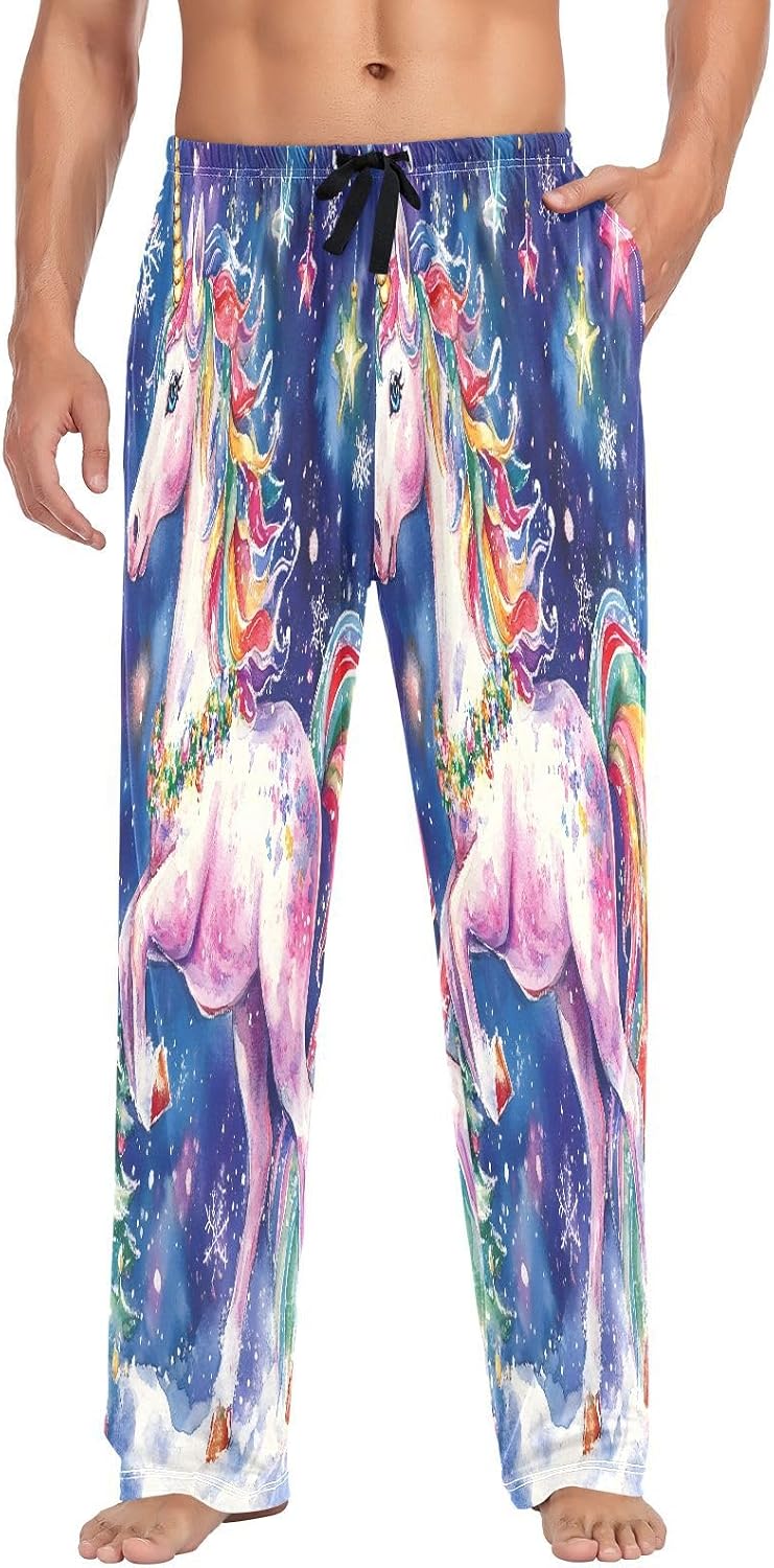 ALAZA Unicorn Christmas Watercolor Men's Pajama Pants Men Cotton Pajama Bottoms with Pockets, S