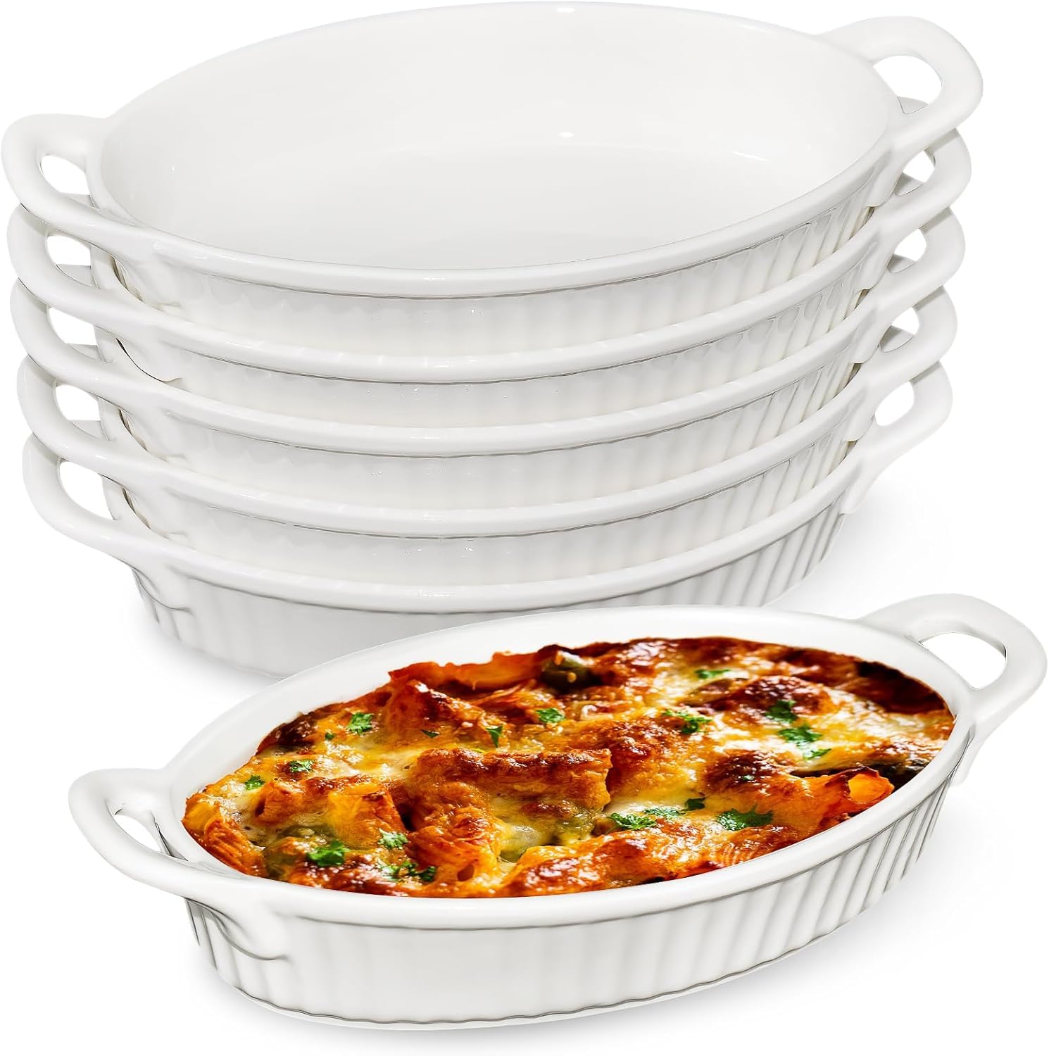 Set of 6 Au Gratin Baking Dishes, 9-inch Oval Ceramic Small Lasagne Dishes with Handles Heat Resistant Porcelain Single Serving Dishes Oven Safe for Gratin, Casserole and Roasting