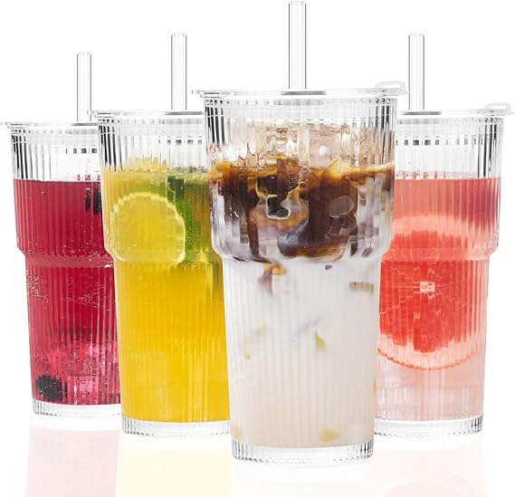 GOSCHE 20oz Glass Cups with Lids and Straws, Ribbed Iced Coffee Cups, Thickened Glass Tumbler Set Ideal for Coffee, Smoothies, Cocktails, and Juices, Clear, 4 Pack