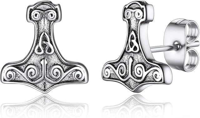 FaithHeart Norse Viking Earrings Studs Stainless Steel Wolf Head/Thor Hammer/Compass/Valknut Ear Jewelllery Punk Earring Set for Men Women