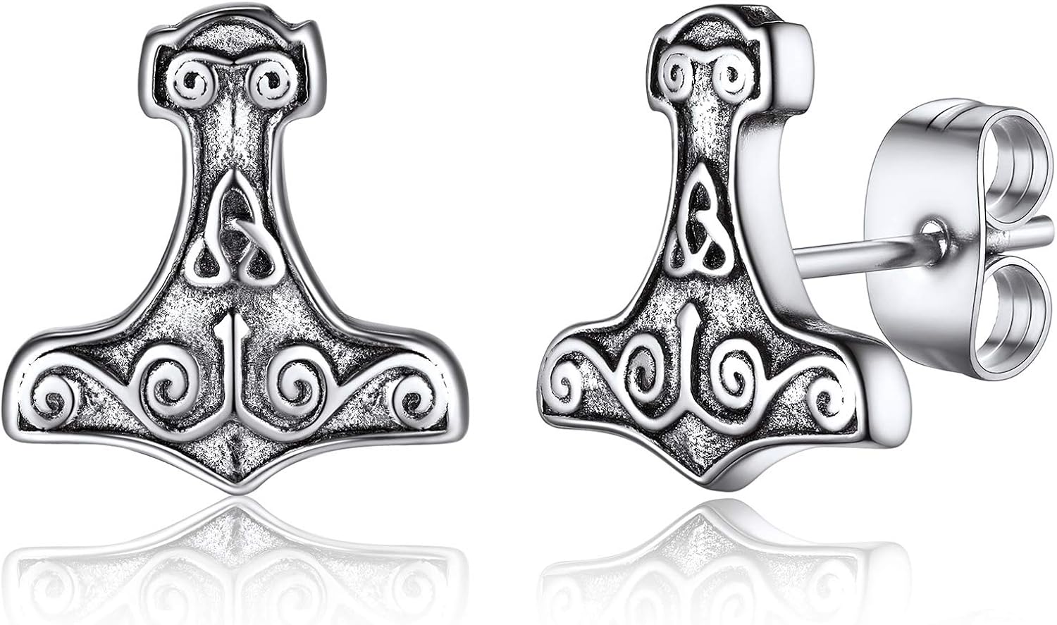 FaithHeart Norse Viking Jewelry Sterling Silver/Stainless Steel Stud Earrings Celtic Wolf/Thors Hammer Studs for Women Men