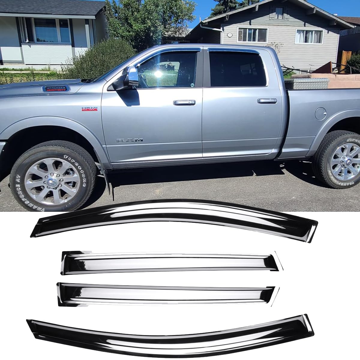 94806Y Chrome Side Window Visor Wind Vent Deflector for 2019-2024 Ram 1500 Crew Cab with 4 Full Size Doors,4pcs Outside Mount Style Chrome Nice Shade Sun Rain Guards Set