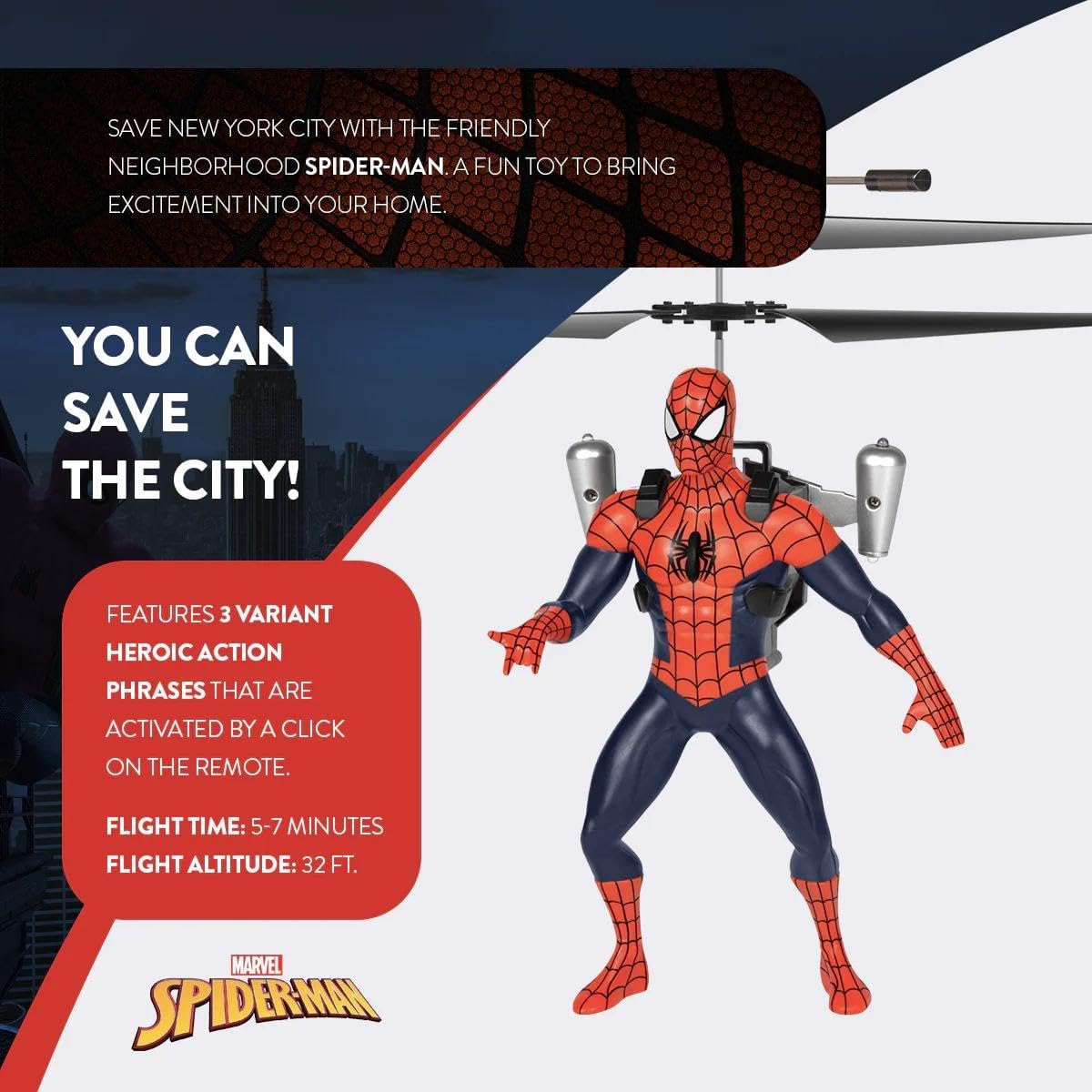 World Tech Toys Marvel Spider-Man IR RC Flying Figure – Jetpack Helicopter with LED Lights & Action Phrases, Twin Rotors - Spiderman Toys for Ages 8+