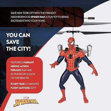 Marvel Spider-Man IR RC Flying Figure, Jetpack, LED Lights, Action Phrases | Twin Rotors and Stabilizer Bar Support Smooth Flight, Includes USB Charger, Spare Blades and Rechargeable Battery, Ages 8+