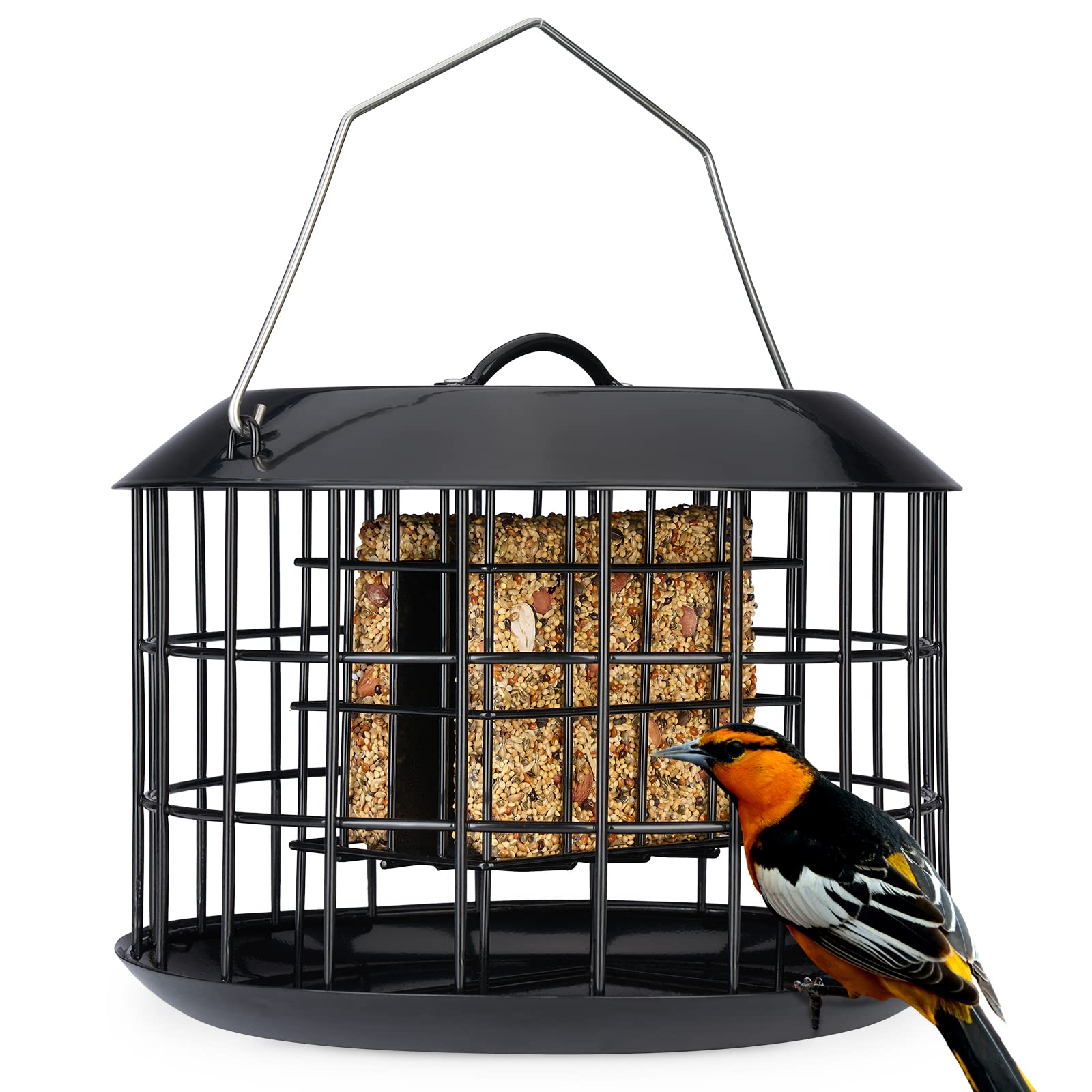Kingsyard Squirrel Proof Double Suet Feeder, Caged Bird Feeder for Outside, All Metal, Durable & Weatherproof, Black