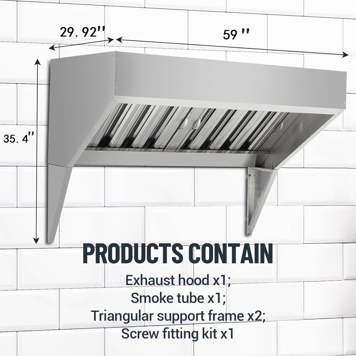 5Ft Commercial Exhaust Hood, Rust-Resistant 201 Stainless Steel Vent Hood with 4 Removable u-Shaped Grid Oil Filters for Restaurant, Food Truck, Commercial Kitchen