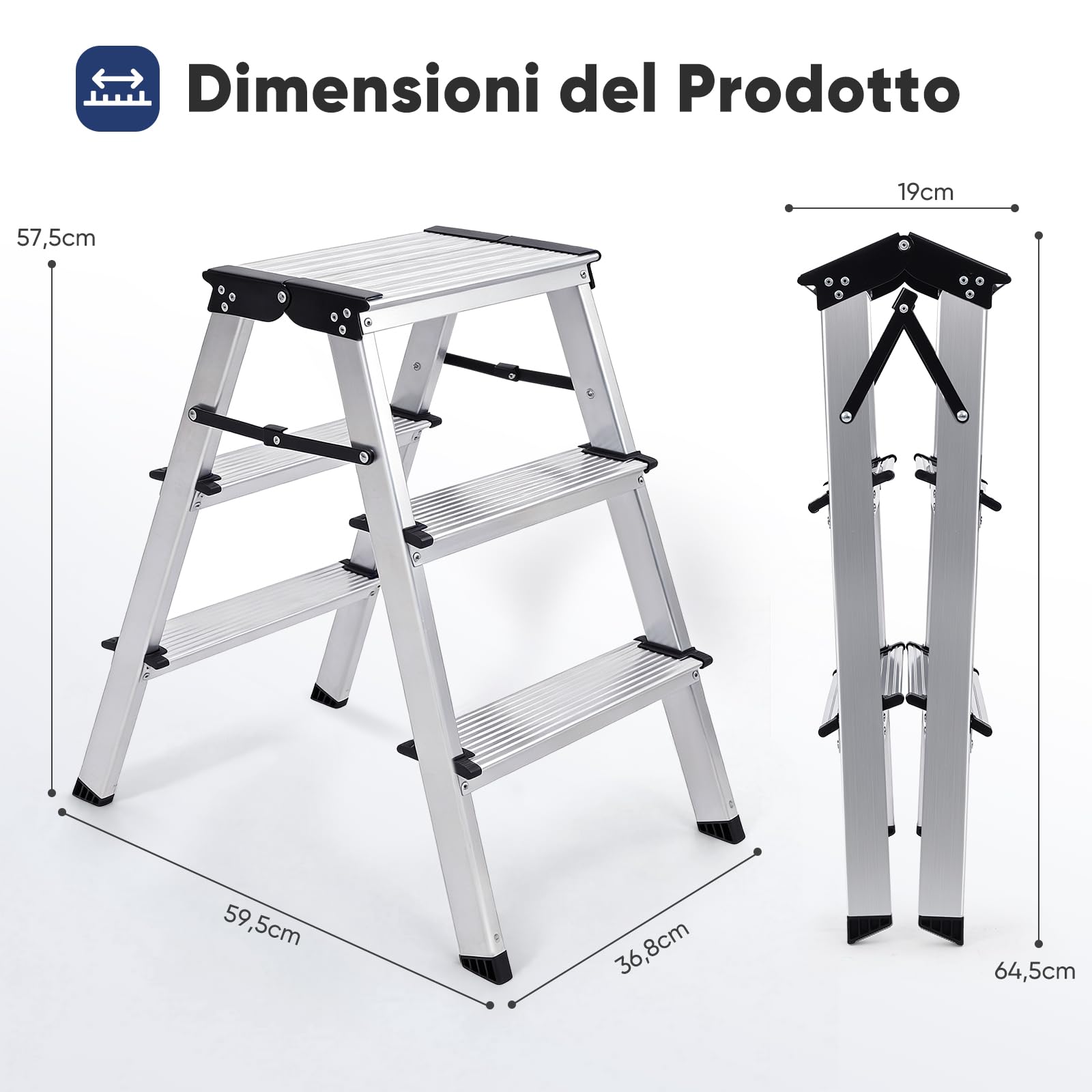 Sekey Scala Alluminio Pieghevole 3 Gradini, Scala Bilaterale Accessibile, Gradini Antiscivoli In Alluminio, Per Uso Domestico E Casa, TÜV & SGS EN131 EN14183, Portata Massima 150 Kg