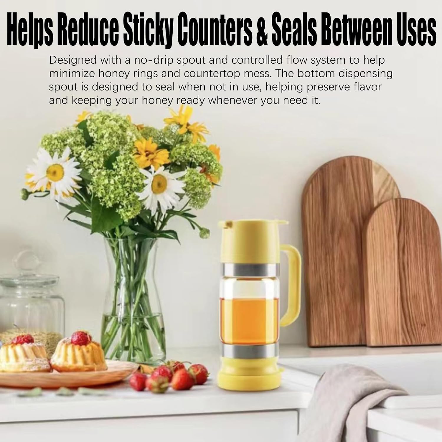 Honey Dispenser No Drip with Base, 12oz Glass Honey Dispenser with Handle, Mess-Free Pouring Without Sticky Counters, Seal Properly for Quantitative Honey Extraction, Syrup and Jam (2, black)