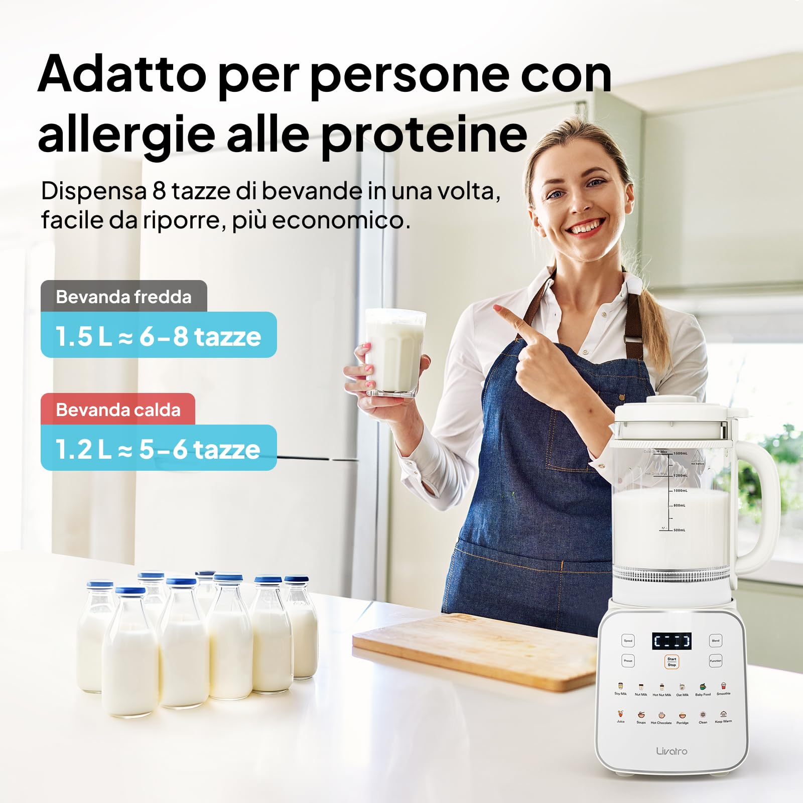 Macchina per latte vegetale 1,5 L 12‑in‑1,maker latte di soia automatico,design staccabile,latte di mandorla/avena e succhi, timer 24 h,mantenimento caldo,auto‑pulizia,blocco sicurezza