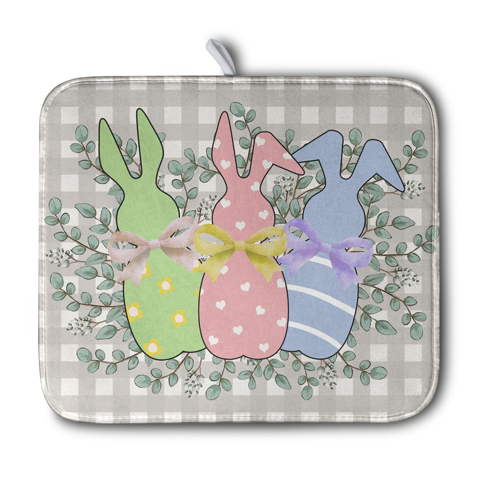 Easter Bunny Dish Drying Mat Spring Buffalo Plaid Check Rabbit Eucalyptus Leaf Dish Drying Pad for Dishes Absorbent Medium Dish Rack Mat Microfiber Dish Drainer Mats for Kitchen Counter 16x18 in