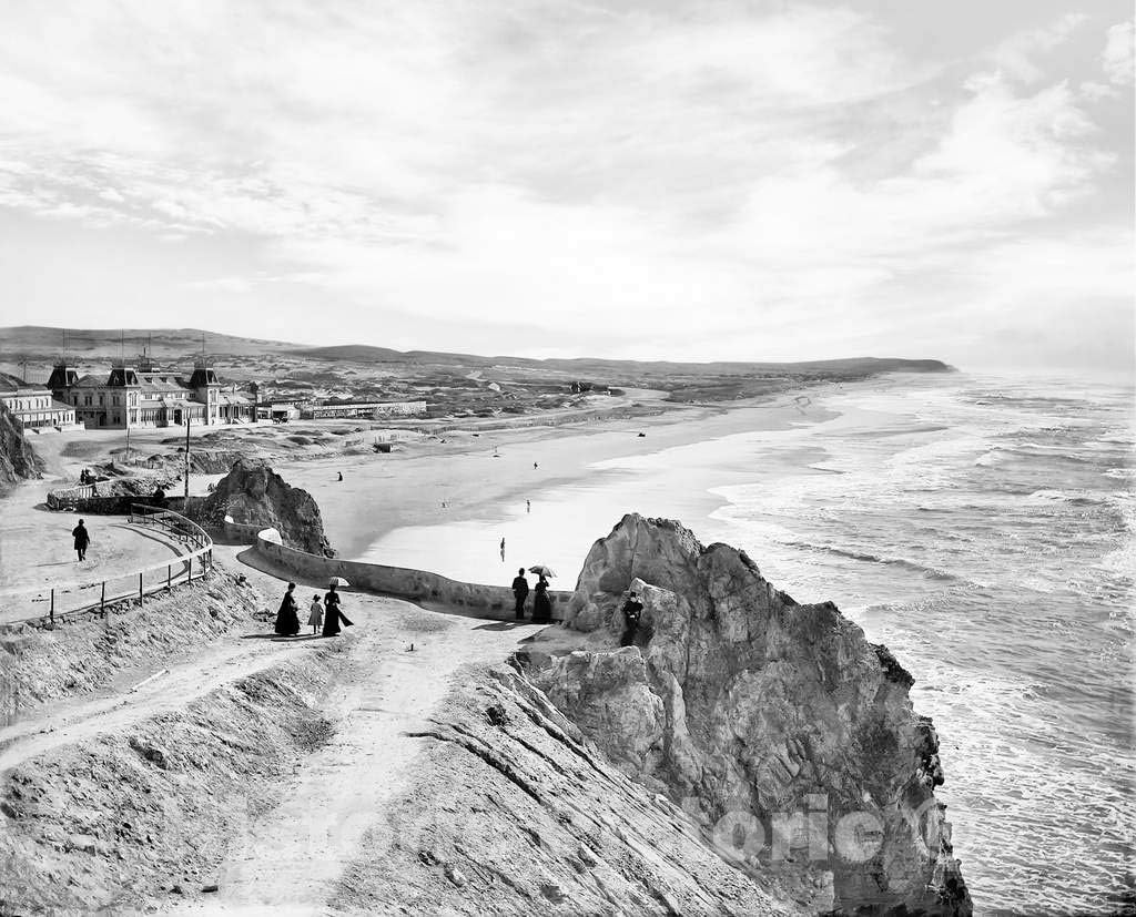 Restored Black & White Photo - Historic San Francisco, California - Ocean Beach from the Cliff House, c1900-20in x 16in