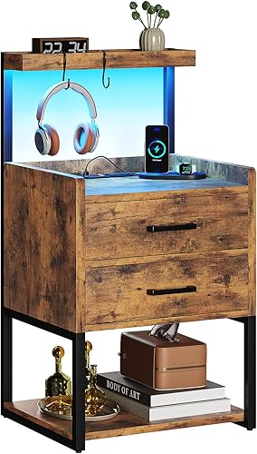 Miniatura 9 de VIAGDO Juego de 2 mesitas de noche con estación de carga, mesita de noche LED con 2 cajones, mesas de noche modernas de color marrón rústico con