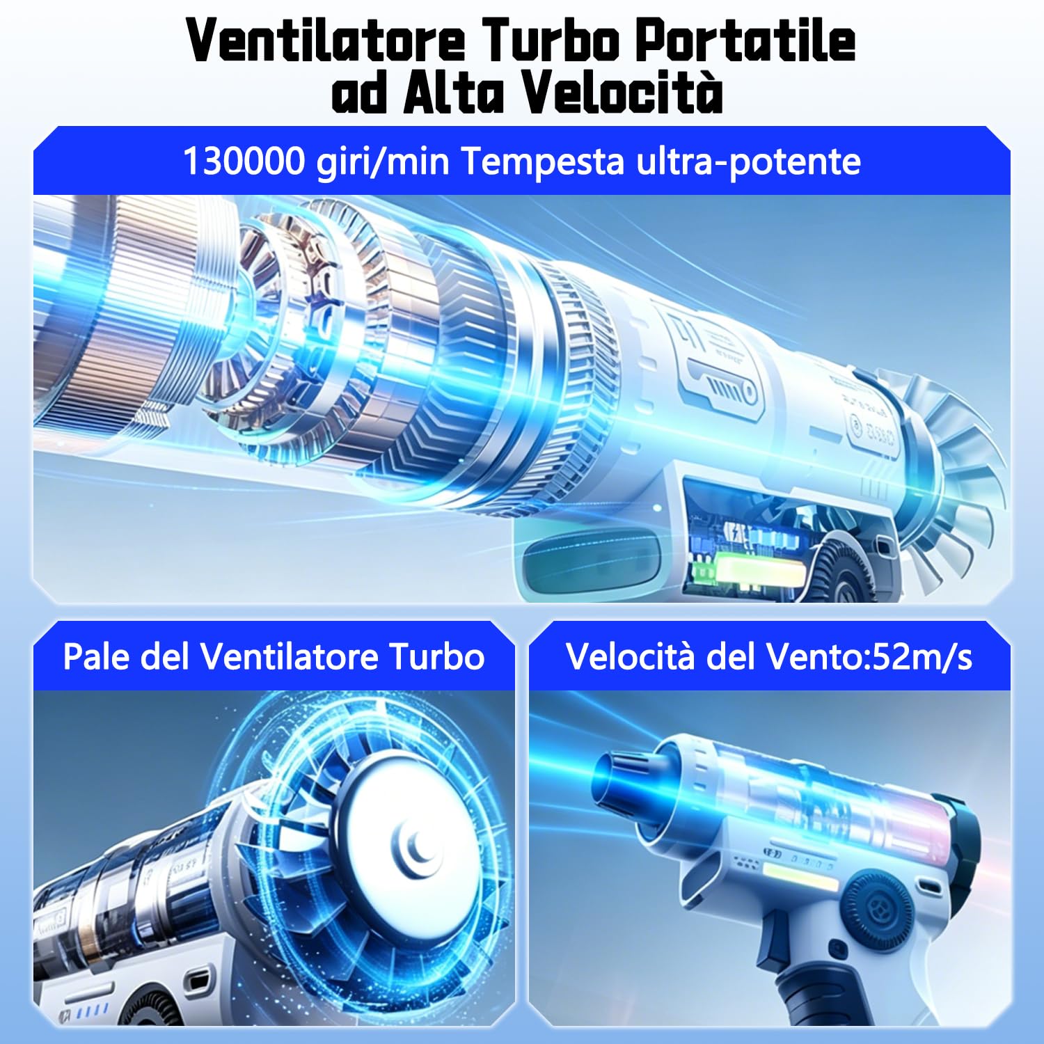yAyusi Aspiratore Elettrico Ricaricabile,Aspiratore ad aria Compressa ad Alta Potenza da 130000 giri/minuto con Luce LED,Regolazione Continua della Velocità,Adatto per Computer,Esterni,Case e Auto