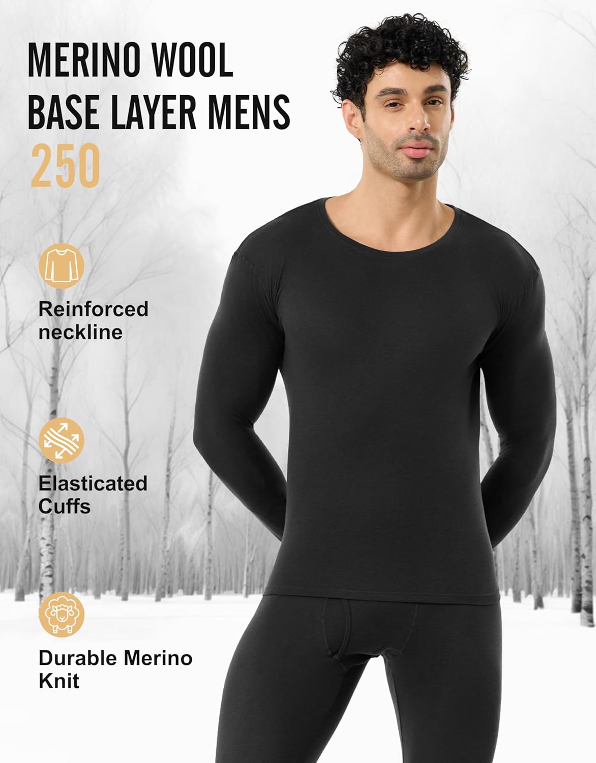 Merino Wool Base Layer Mens, 100% Merino Wool Long Sleeve Shirts, Heavyweight Midweight Thermal Underwear Tops(S-2XL)