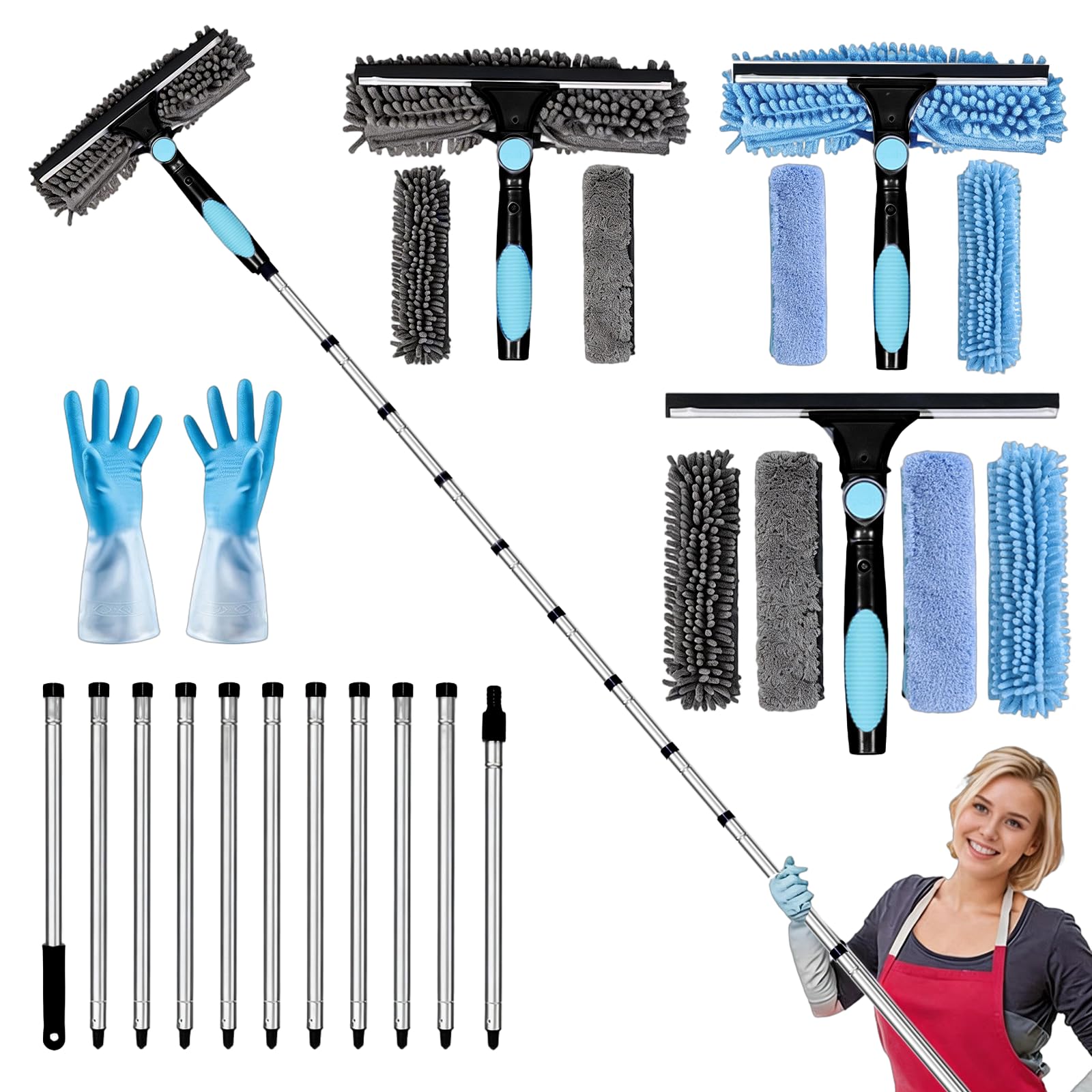 4.5M Extendable Window Cleaning Pole Set, Telescopic 2in1 Long Reach Window Cleaning Equipment with Silicon Squeegee and 5 Microfiber Pad, Telescopic Long Handle Squeegee with Gloves (Blue)