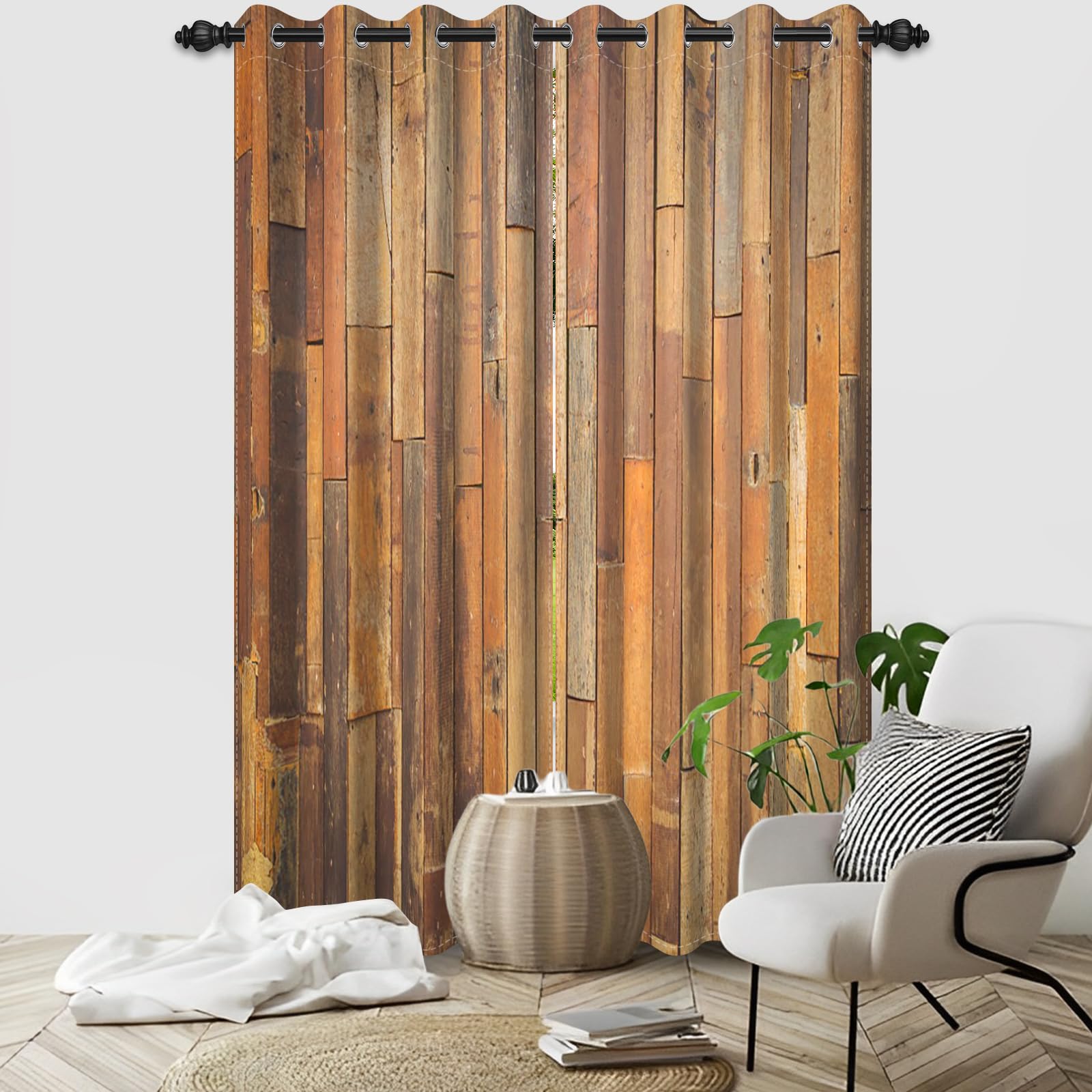 DORCEV Wooden Curtains Vertical Planks Wooden Window Curtains Rustic Wooden Barn Door Grain Cottage Hardwood Garage Door Bedroom Living Room Window Drapes Decor with Grommets,26x84 inch,2 Panels
