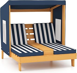 Kids Chaise Lounge Chair Outdoor, Toddler Wood Double Pool Lounger Chairs w/Canopy, Cup Holders, Removable Stripped Fabric Cushions, 2-Person Kids Patio Furniture for Backyard (Navy Blue)