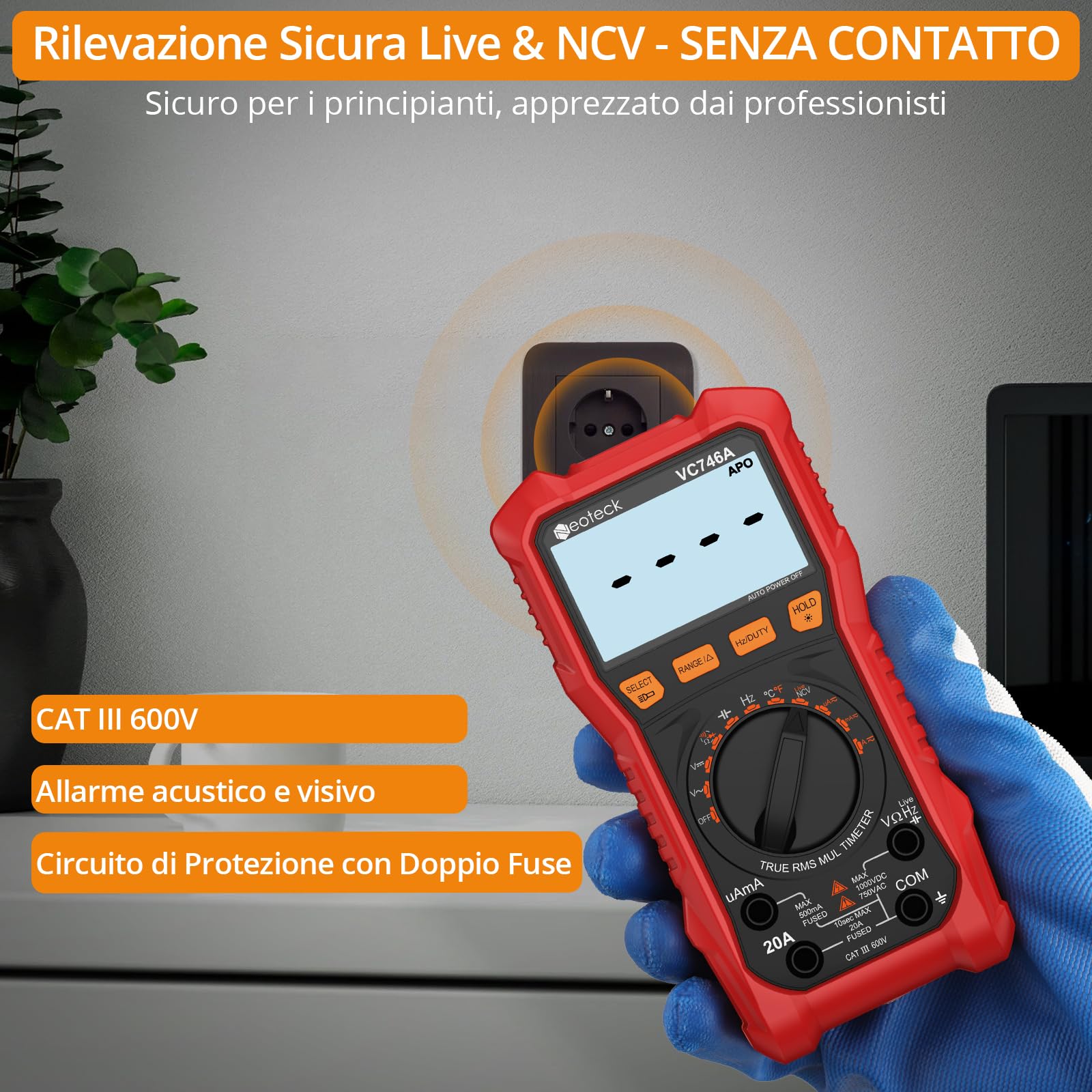 Neoteck Multimetro Digitale Professionale 6000 Conteggi Misuratore TRMS Auto-Range con Rilevamento NCV, LIVE e Doppia Illuminazione Test Sicuro per Tensione CA/CC, Corrente, Temperatura - Rosso