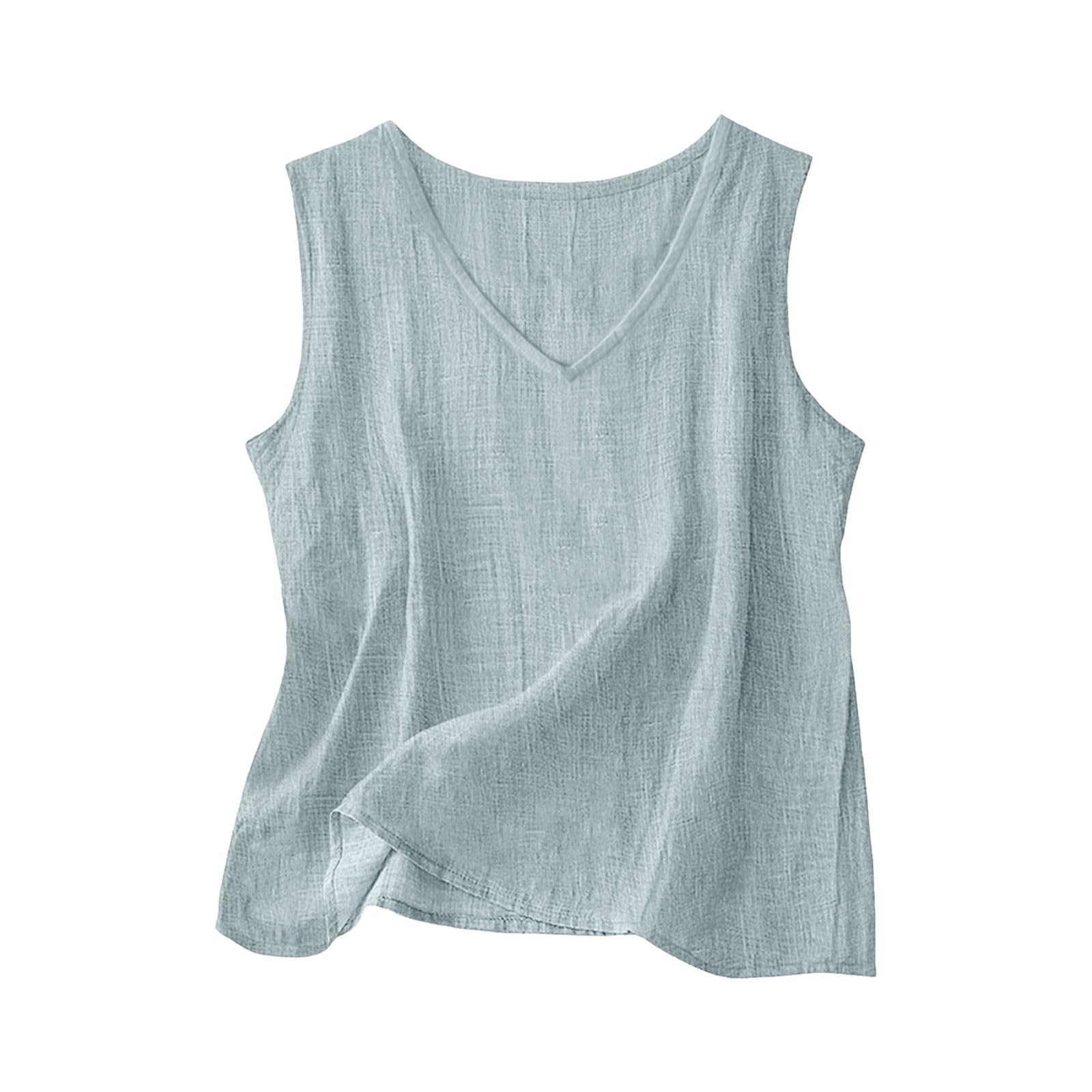 Leinen Top Damen Sommer,V-Ausschnitt Trägershirt Lässige Tank Top Leichte Sommertop Ärmellose Shirt Musselin Blusentop Baumwolle Trägertop Locker Damentops Strand Leinentop Hawaii Achselshirt