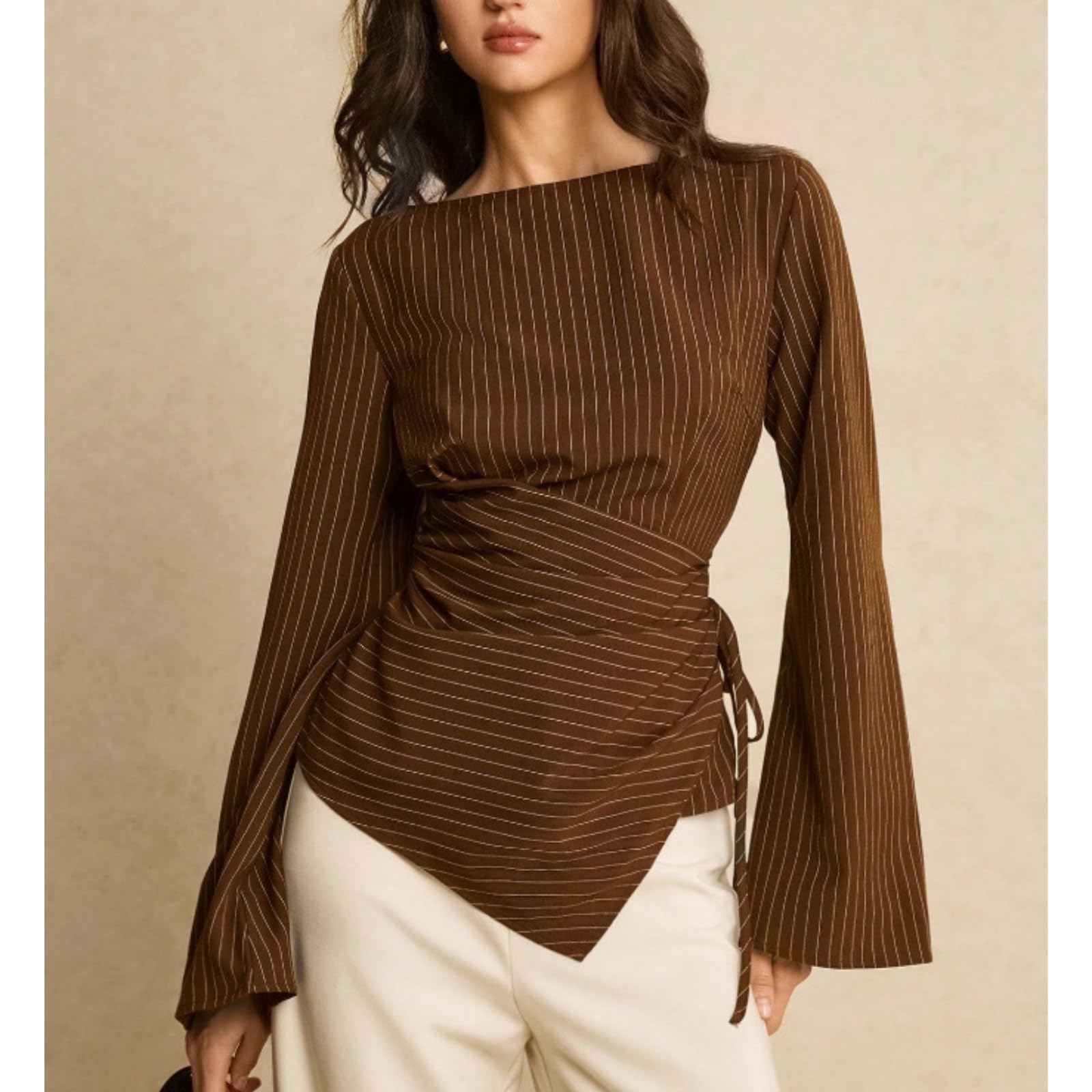Blusas de mujer con escote barco manga trompeta y detalle anudado | Cuello barco cintura entallado dobladillo asimétrico enlace de ajuste lateral ajustable estilo casual de negocios para el día