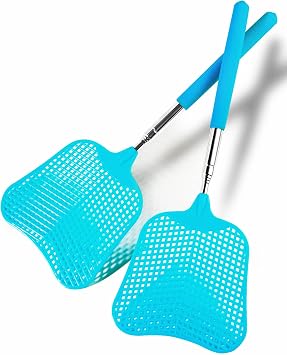 Wapodeai 2 Pack Fly Swatters Heavy Duty Set, Telescopic Fly Swatter, Stainless Steel Handle for Flyswatter Blue