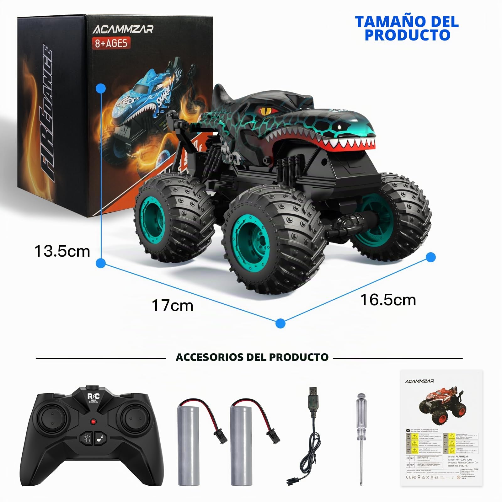 ACAMMZAR Coche Teledirigido, Dinosaurio Monster Truck Radiocontrol, 2.4GHz 20+Km/h RC Stunt Coche, Crawler Camiones con Luz Led y Música,de Juguete para niños de 4 6 8 9 12 años Adulto