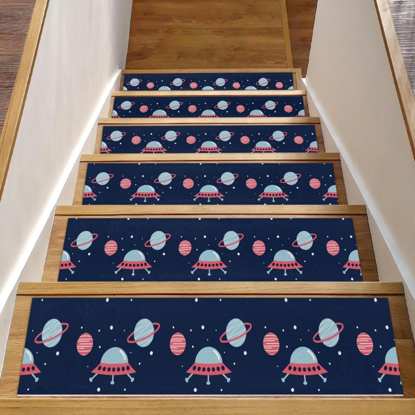Alfombras para escaleras de 8x30 azul marino con diseño espacial infantiles de 15 unidades