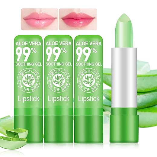 3 Piezas Lápiz Labial Aloe Vera, Bálsamo Labial Lápiz Labial con Cambio Color Temperatura Mágica, Maquillaje Labios Nutritivo Larga Duración, Juego Brillo Labios Aloe Vera Regalo de Cumpleaños