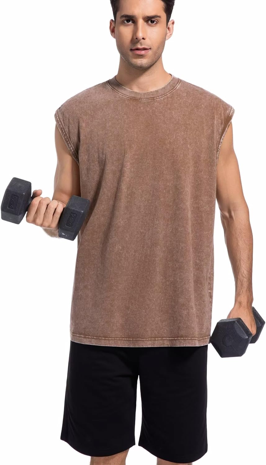 Mens Workout Tank Tops Sleeveless Tee Shirts Men Muscle Shirt Gym Acid Wash Vintage T Shirts Loose Fit Tee - Image 6