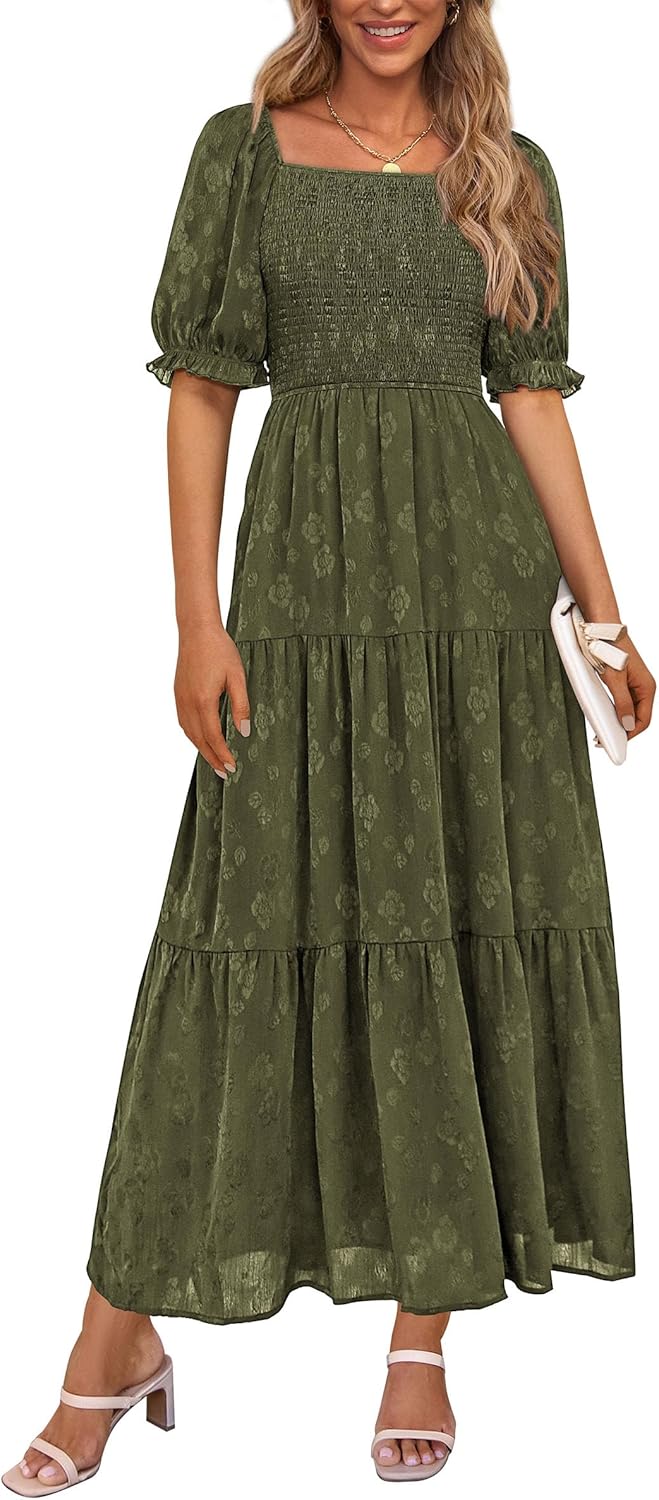 PRETTYGARDEN Women's 2026 Summer Casual Midi Dresses Square Neck Short Sleeve Smocked A Line Floral Flowy Elegant Boho Dress
