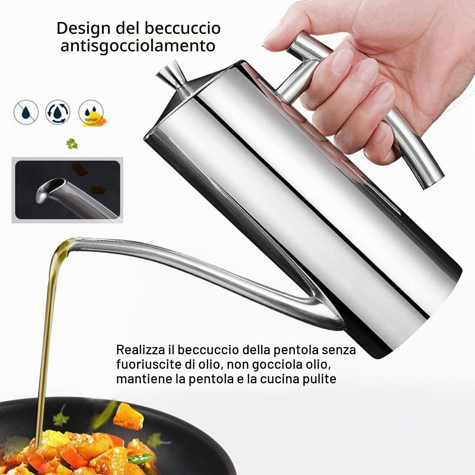 Haofy Vaso per Olio in Acciaio Inossidabile 304, Bottiglia con Manico Grande, Design Antigoccia, Lucidato a Specchio, Ampia Apertura, per Olio, Aceto, Condimenti e Salse, Capacità 500ml