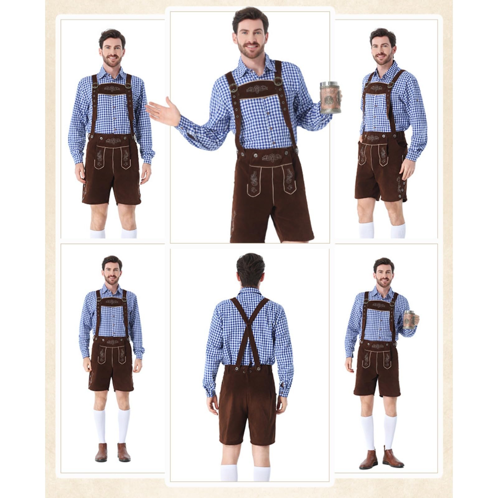 Oktoberfest Herren Trachten Set, Trachtenhose Herren Kurz in Wildleder Optik mit Hosenträgern & Kariertes Trachtenhemd Kurzarm, Bayerisches Wiesn Outfit für Männer
