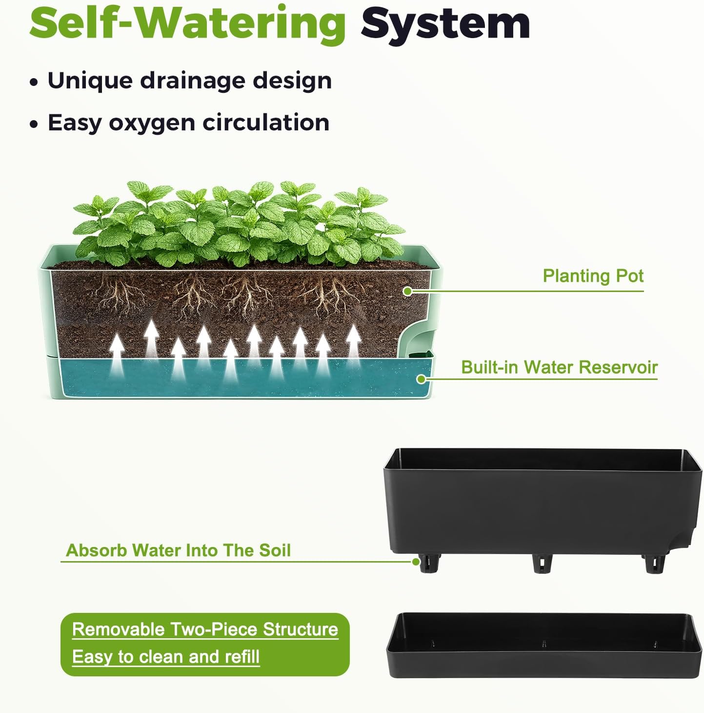 Self Watering Pots for Indoor Plants 17 Inches Window Boxes Planters Rectangular Flower Pots Rectangle Herb Pots Large Plant Pots with Drainage Holes and Saucers Windowsill Planter (4, Black)