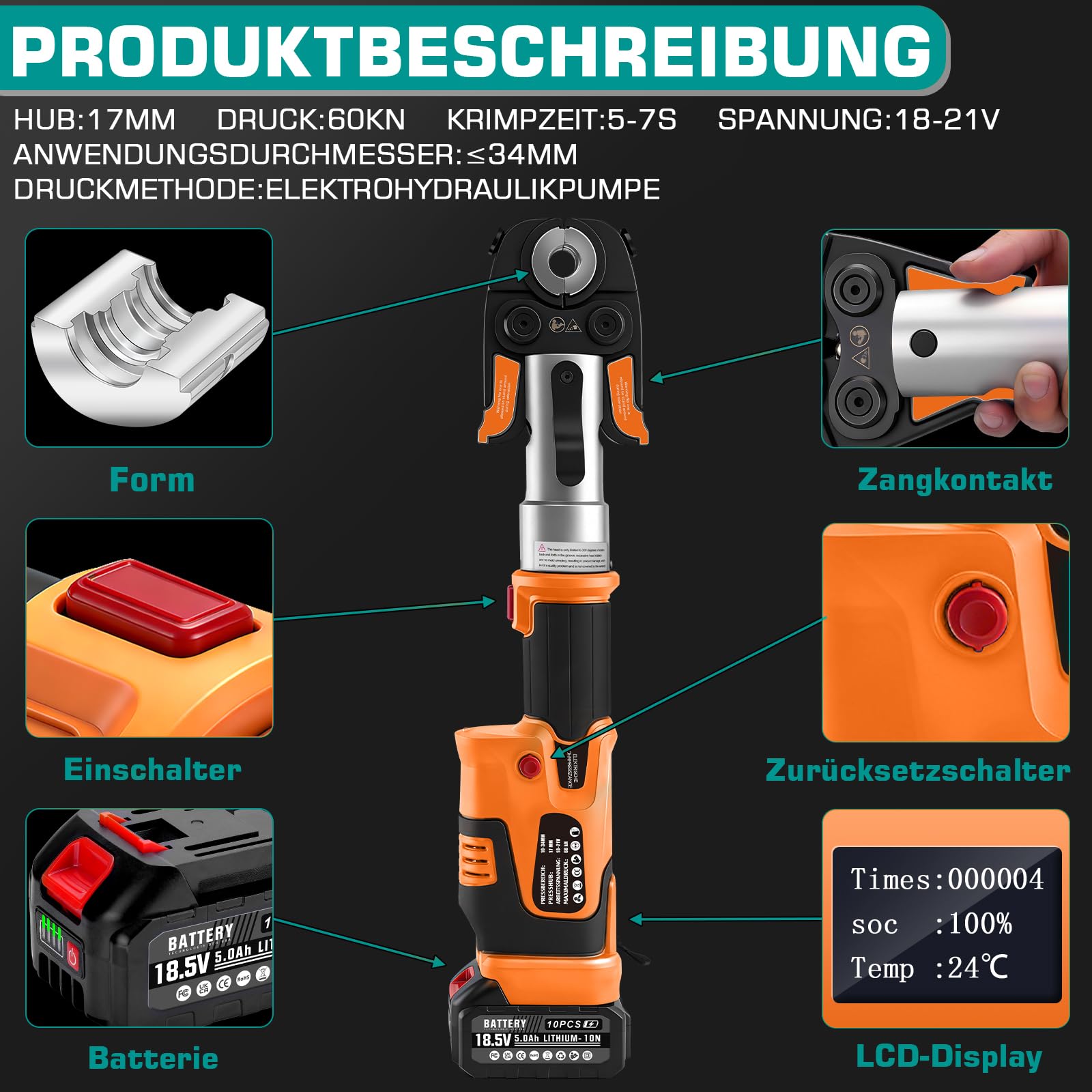 18V Offene Zange Akku Presszangen Set mit 2*Akkus und Schnellladegerät | Akku Rohrpresswerkzeug incl.CR V12 V15 V18 V22 V28 Und TH16 TH20 TH26 TH32 für Kupferrohr,Edelstahlrohr,Verbundrohr Orange