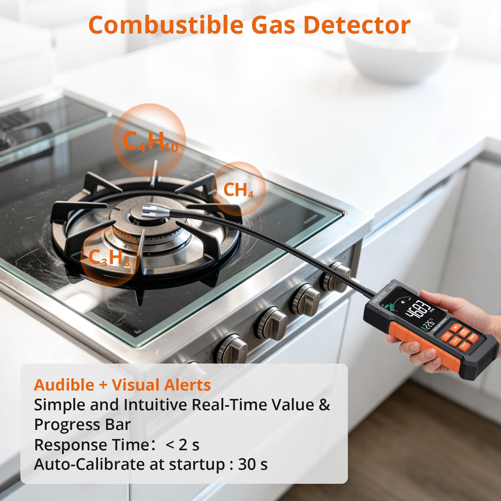 Proster Rilevatore Fughe Gas Portatile 50–50,000 PPM con Sonda a Collo d'Oca da 27 cm e Display a Colori, per Metano GPL Propano Butano Gas Naturale Allarme Sonoro Visivo per Casa Camper Cucina Camino