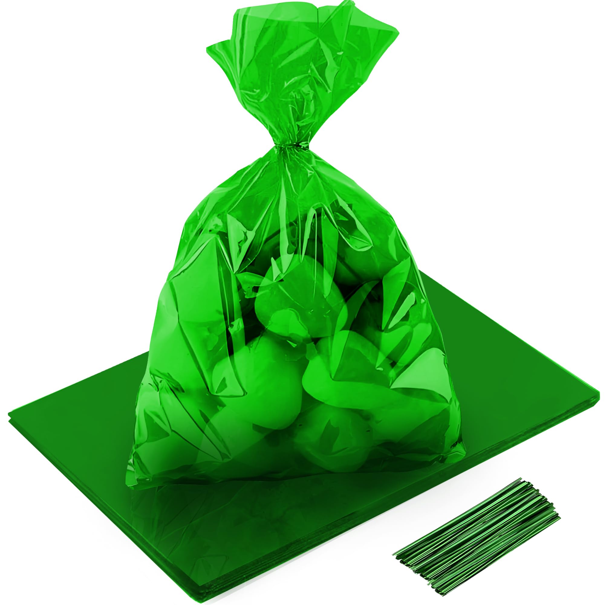 QOIUSO 50PCS Lucky Green Cellophane Treat Bags – 8×11 Inch Large Solid Color Candy Bags with 60 Twist Ties for Party Favors, Cookies, Gifts & Goodies